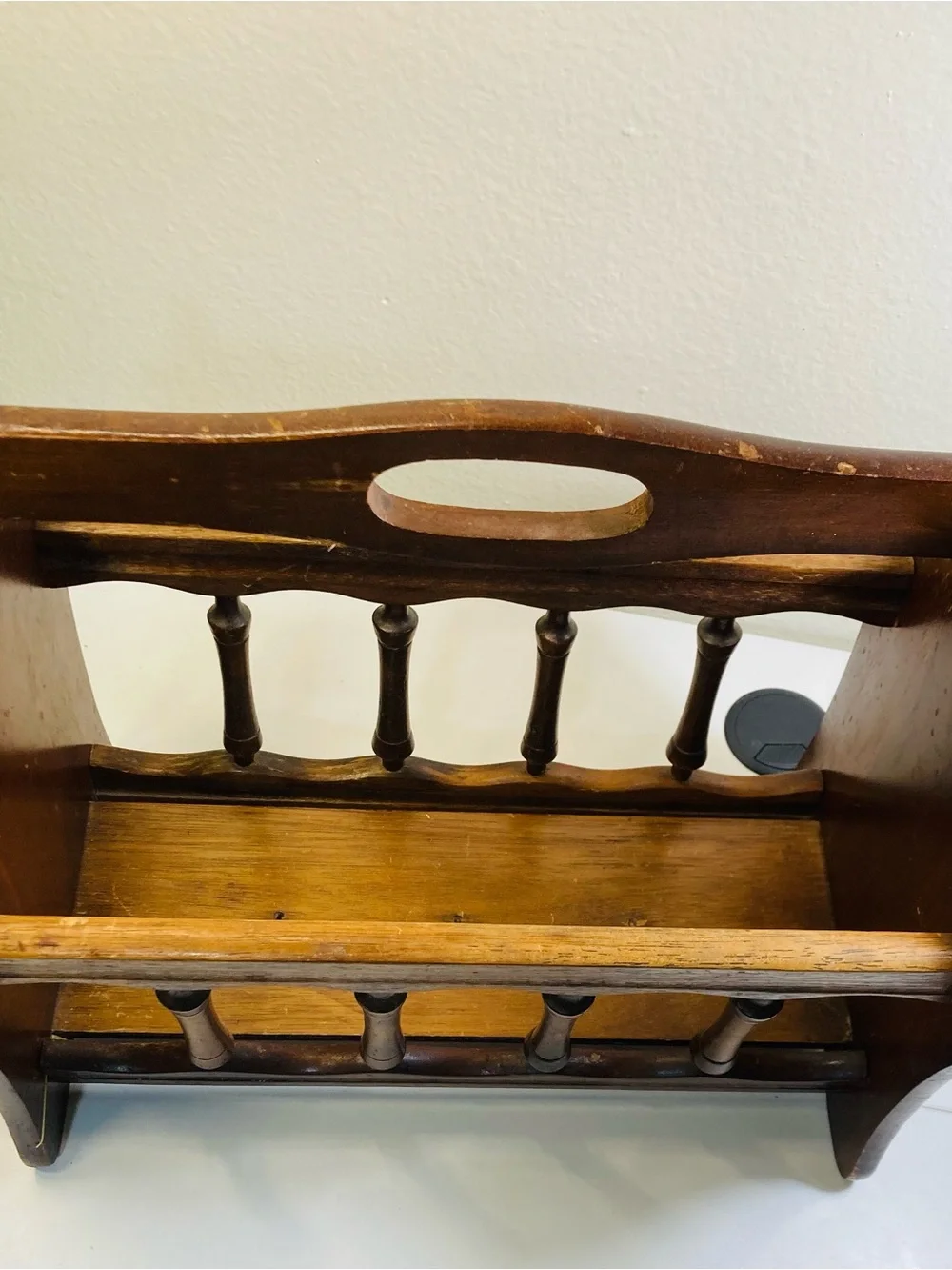 XL Vintage Wooden Yarn Caddy / Magazine Rack with Handle ~16” x ~17”
